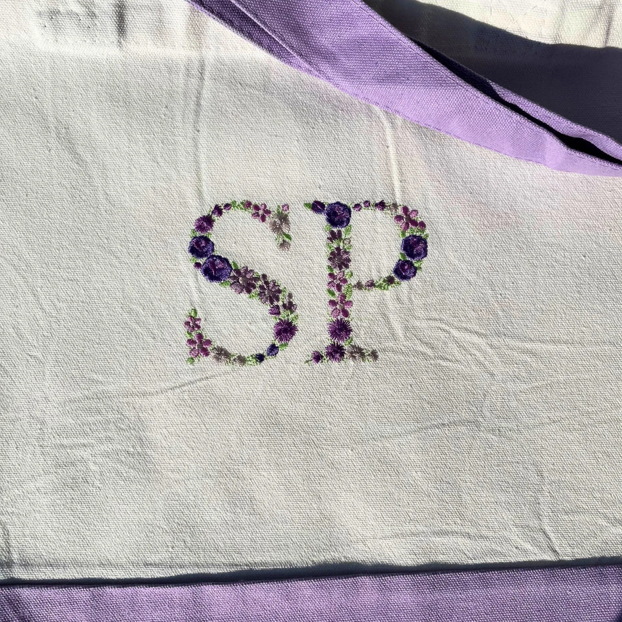 Custom Floral Initials Embroidered Tote Bag, Personalized Name Tote Bag