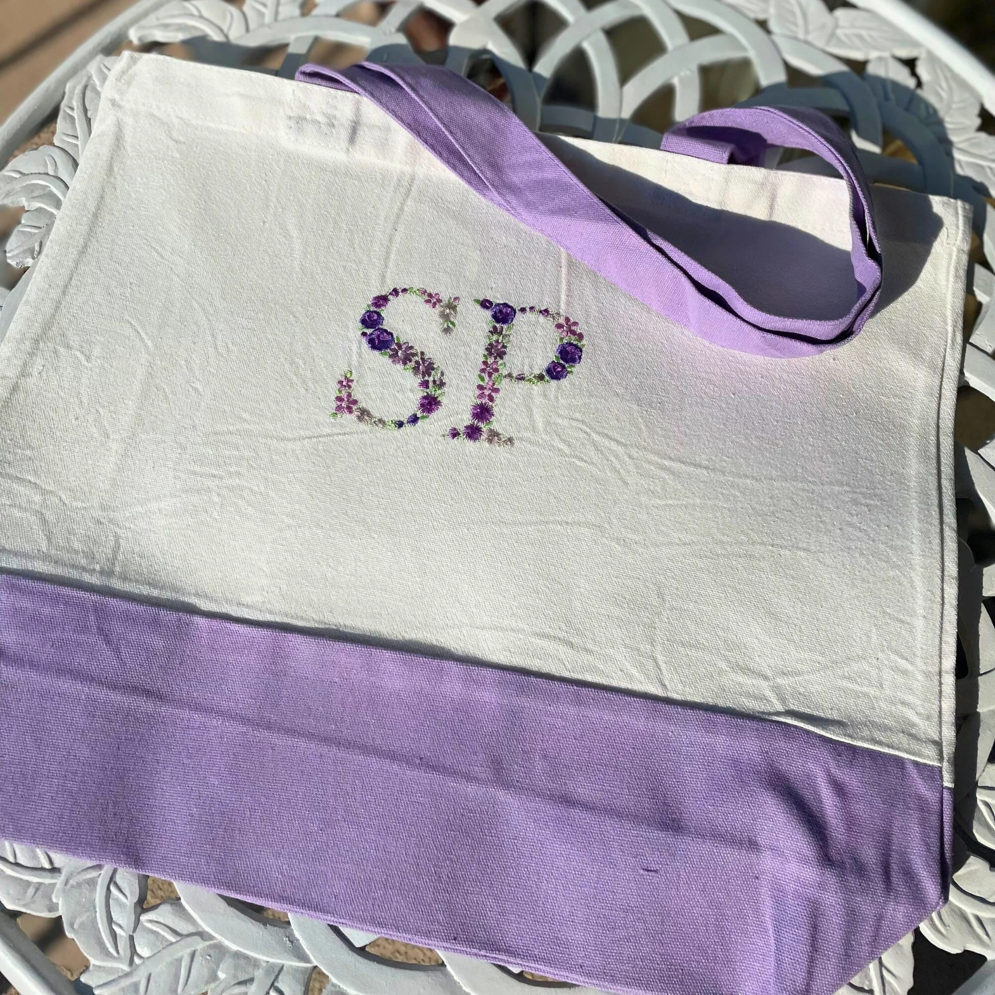 Custom Floral Initials Embroidered Tote Bag, Personalized Name Tote Bag