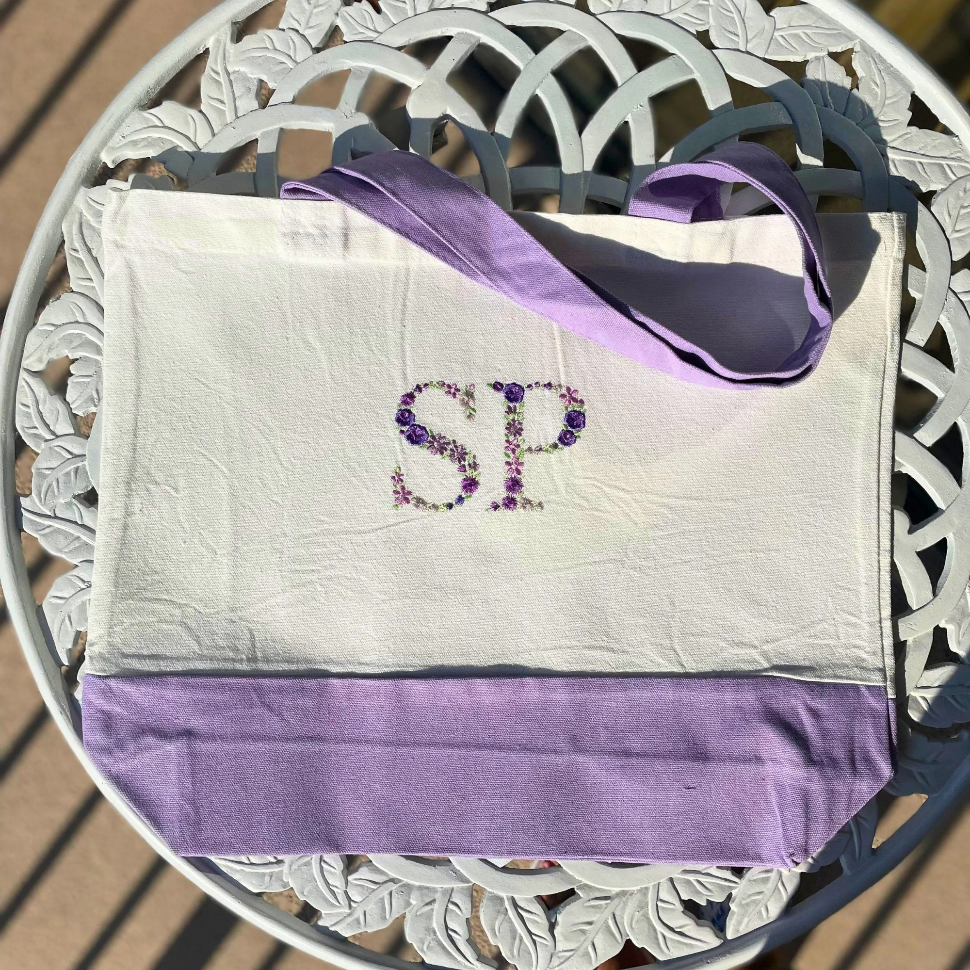 Custom Floral Initials Embroidered Tote Bag, Personalized Name Tote Bag