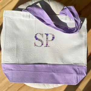 Custom Floral Initials Embroidered Tote Bag, Personalized Name Tote Bag