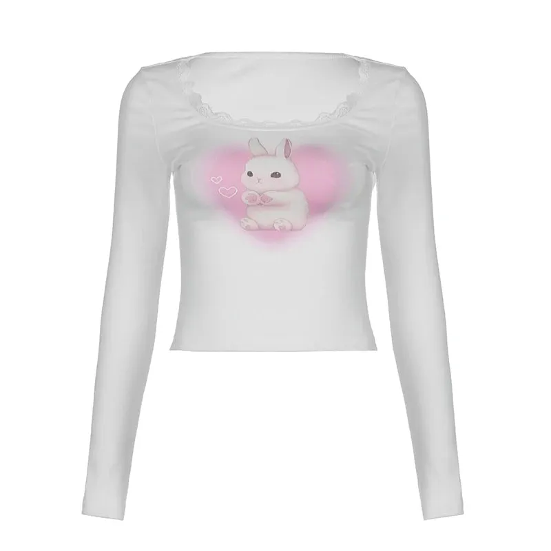 Cutecore Sweet Lace Trim Women Tee Shirts Slim Rabbit Printed Coquette Clothes Korean Autumn T shirt Top Crop Outfits