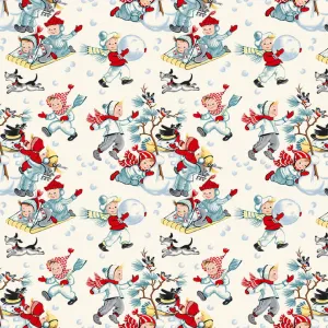 Fabric, Winter in Snowtown by Buttermilk Basin - Children Snowball Fight (by the yard)