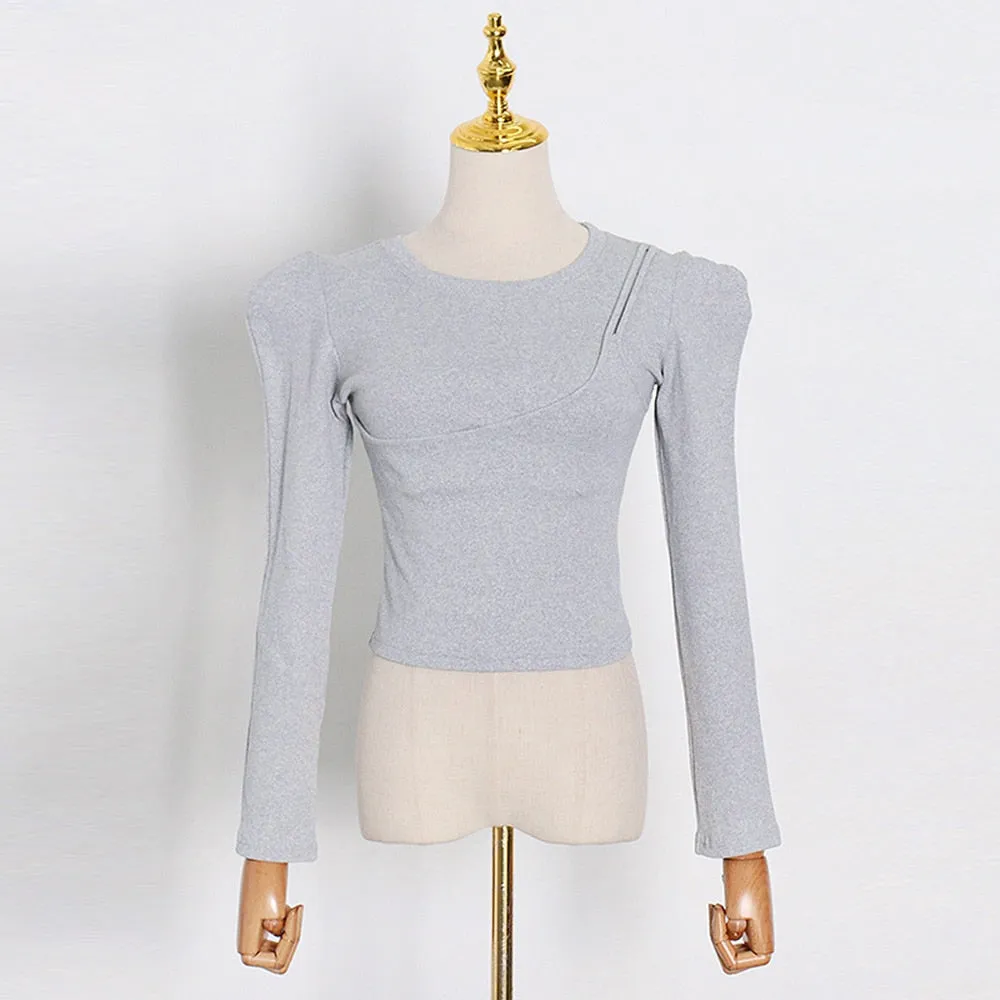 Fashion Skinny Soild T Shirt For Women Round Neck Long Sleeve Minimalsit Casual Autumn T Shirts Female Clothing