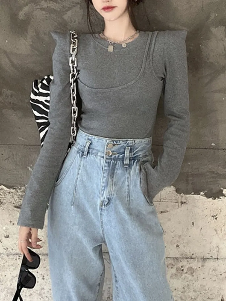 Fashion Skinny Soild T Shirt For Women Round Neck Long Sleeve Minimalsit Casual Autumn T Shirts Female Clothing