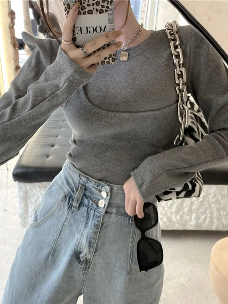 Fashion Skinny Soild T Shirt For Women Round Neck Long Sleeve Minimalsit Casual Autumn T Shirts Female Clothing