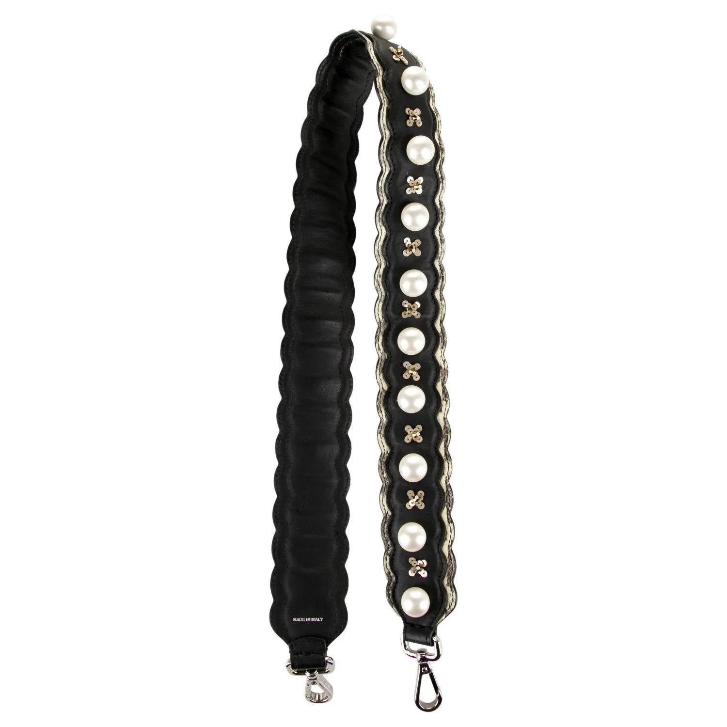 Fendi Strap You Black Pearl Leather Snakeskin Trim Sequin Shoulder Strap 8AV077