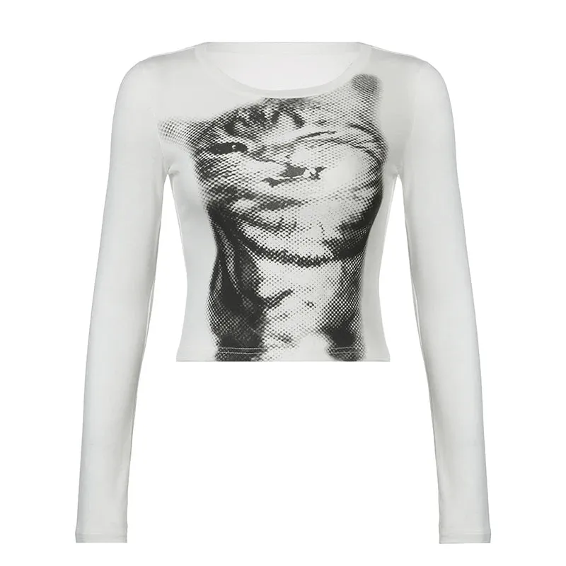 Harajuku Animal Printed Bodycon Baby Tees Spring Autumn Slim Korean Fashion Kawaii Crop Top Women's T-shirts Outfits