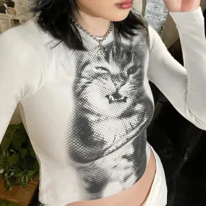 Harajuku Animal Printed Bodycon Baby Tees Spring Autumn Slim Korean Fashion Kawaii Crop Top Women's T-shirts Outfits