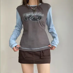 Harajuku Letter Printed Autumn T Shirt Women Line Stitching Casual Pullover Top Contrast Preppy Style Sweats Outfits