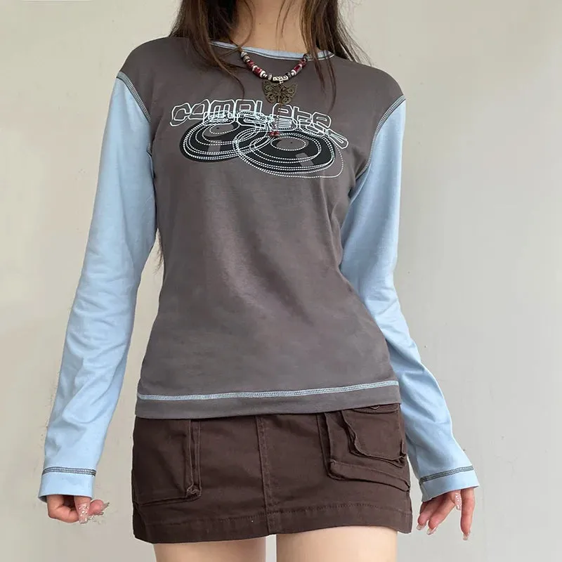 Harajuku Letter Printed Autumn T Shirt Women Line Stitching Casual Pullover Top Contrast Preppy Style Sweats Outfits