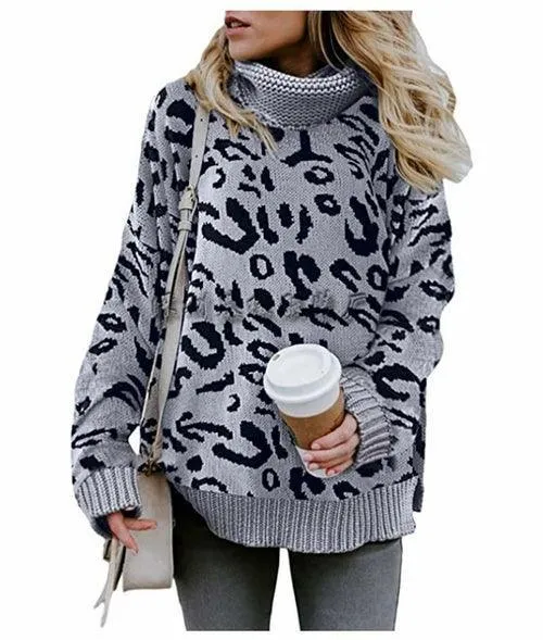 High Neck Leopard Long Sleeve Sweater