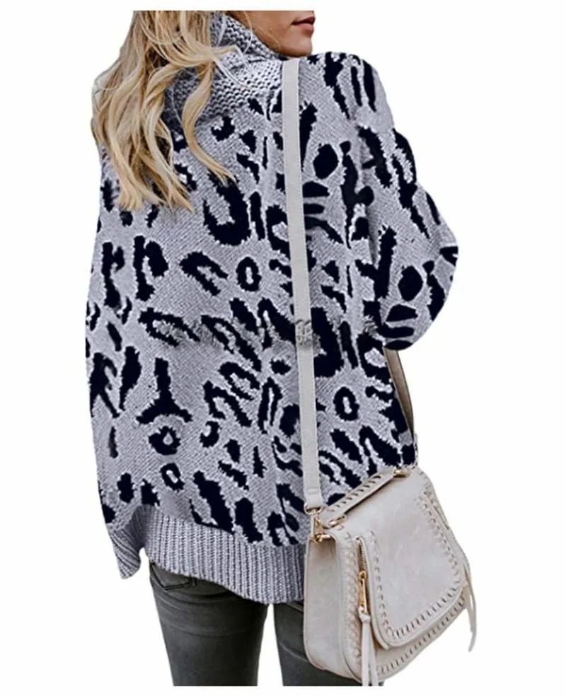 High Neck Leopard Long Sleeve Sweater