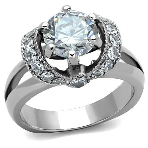 High polished (no plating) Stainless Steel Ring with AAA Grade CZ in Clear for Women Style TK1757