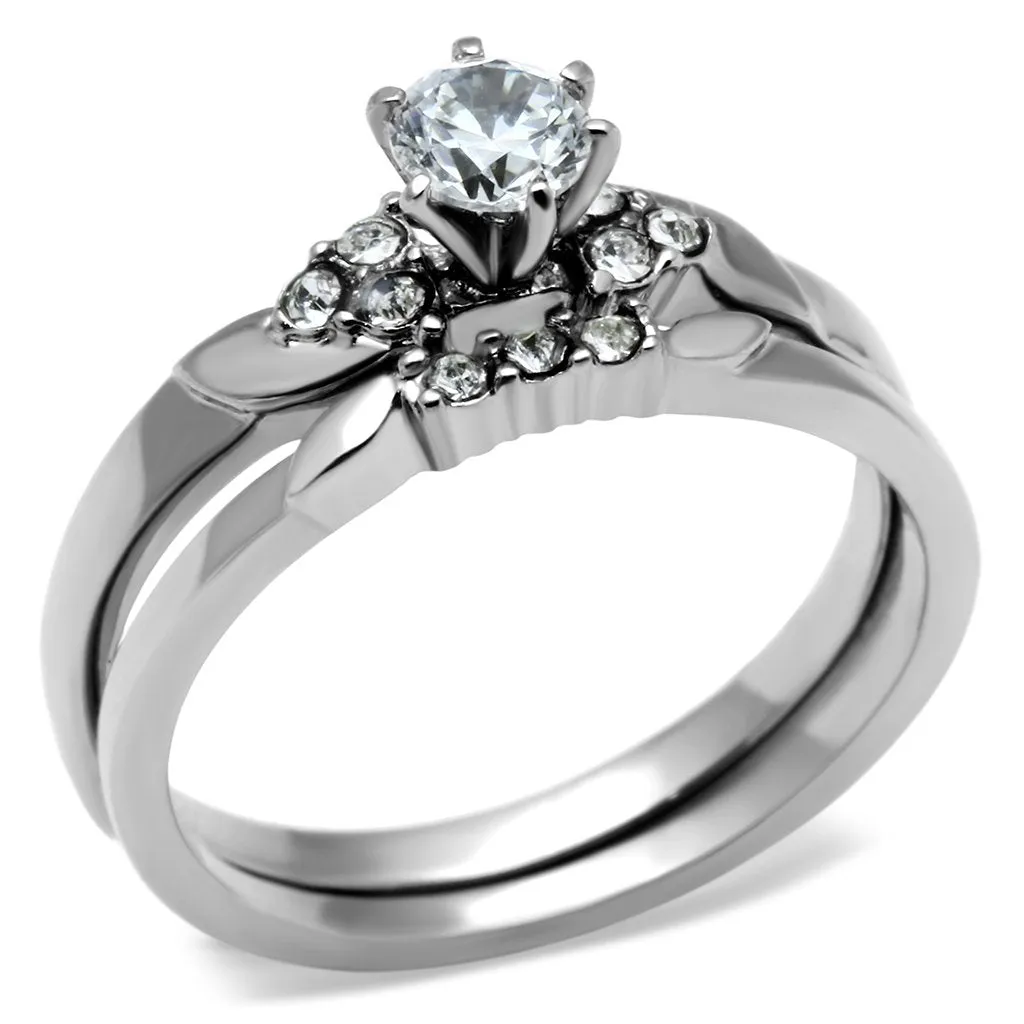 High polished (no plating) Stainless Steel Ring with AAA Grade CZ in Clear for Women Style TK694