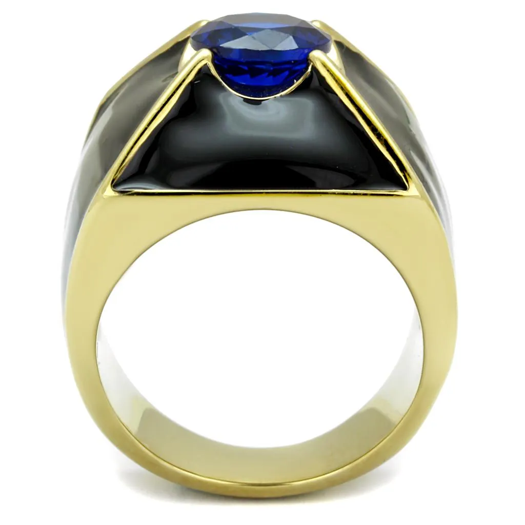IP Gold(Ion Plating) Stainless Steel Ring with AAA Grade CZ in London Blue for Women Style TK2640