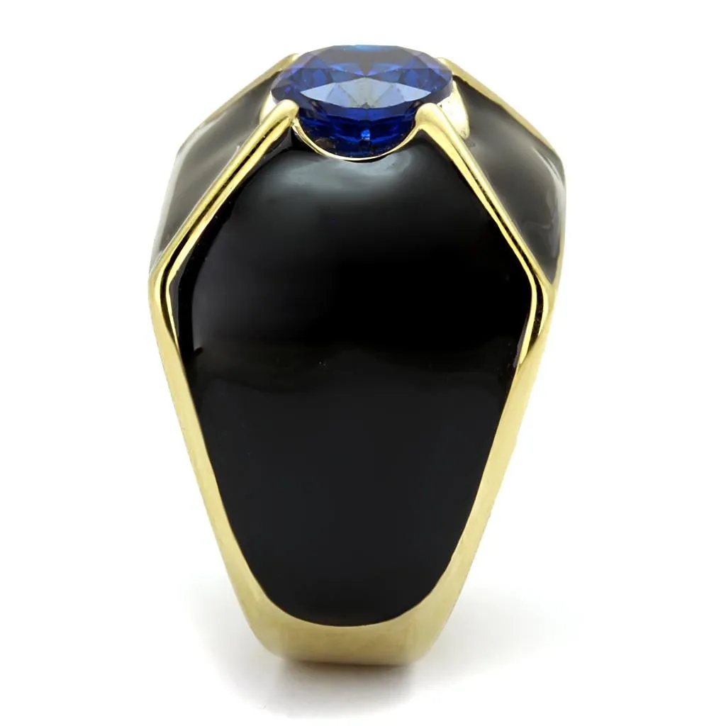 IP Gold(Ion Plating) Stainless Steel Ring with AAA Grade CZ in London Blue for Women Style TK2640