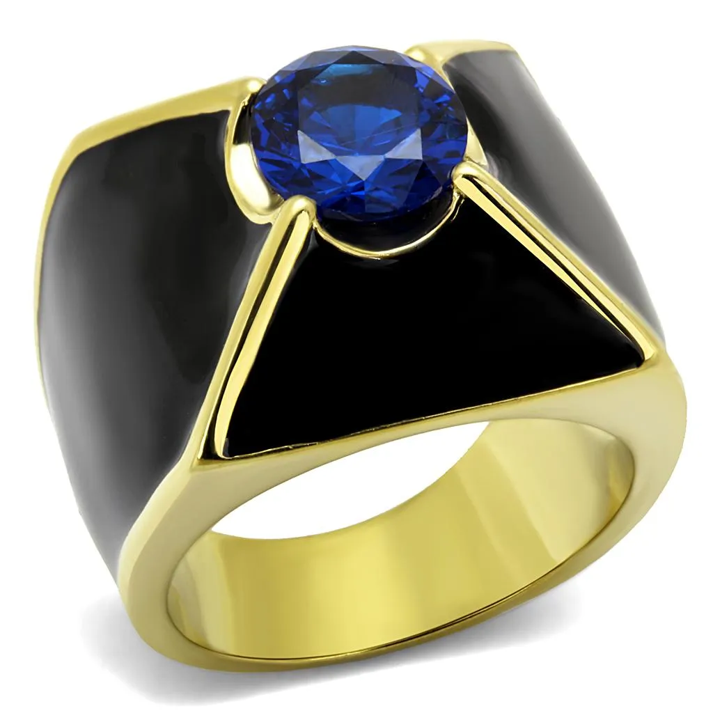 IP Gold(Ion Plating) Stainless Steel Ring with AAA Grade CZ in London Blue for Women Style TK2640