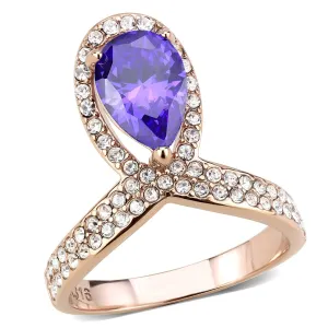IP Rose Gold(Ion Plating) Stainless Steel Ring with AAA Grade CZ in Tanzanite for Women Style TK3589