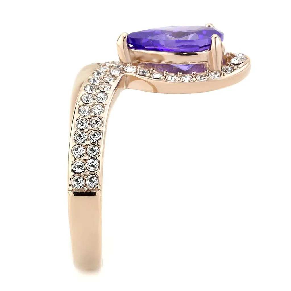 IP Rose Gold(Ion Plating) Stainless Steel Ring with AAA Grade CZ in Tanzanite for Women Style TK3589