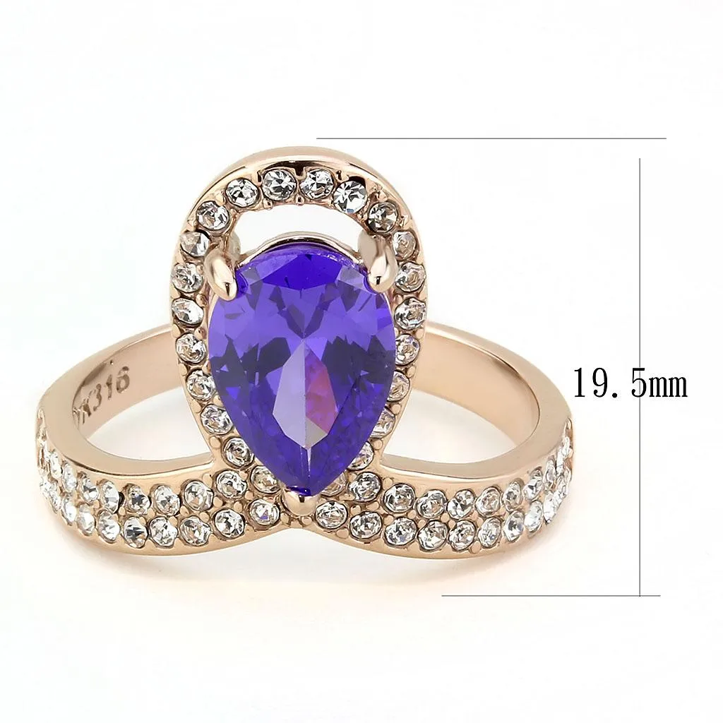 IP Rose Gold(Ion Plating) Stainless Steel Ring with AAA Grade CZ in Tanzanite for Women Style TK3589