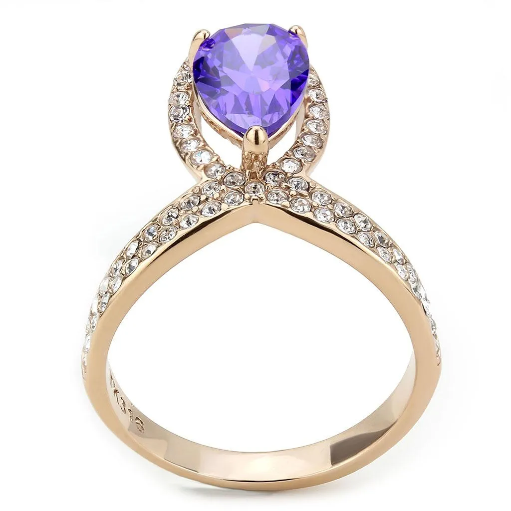IP Rose Gold(Ion Plating) Stainless Steel Ring with AAA Grade CZ in Tanzanite for Women Style TK3589