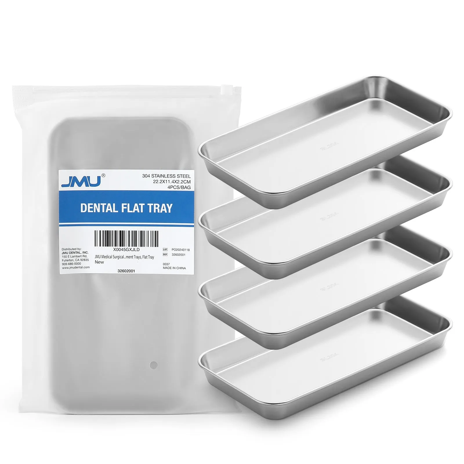JMU Dental Flat Tray SL 304 Stainless Steel 8.7"x4.5"x0.9" 4PCS/Bag