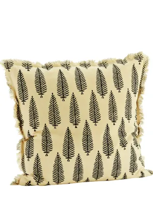 Little Black Leaf On Cream Fringed Cushion