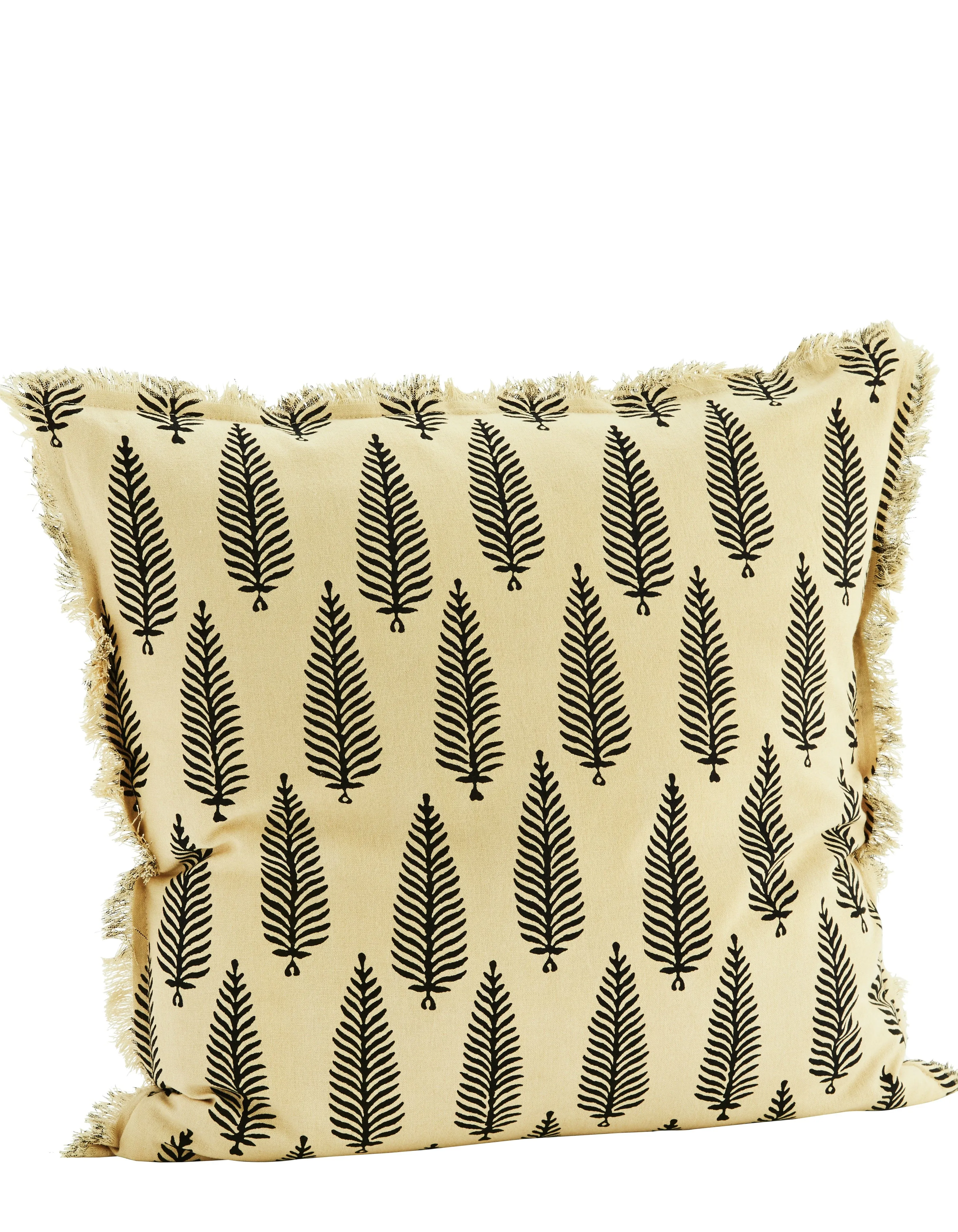 Little Black Leaf On Cream Fringed Cushion