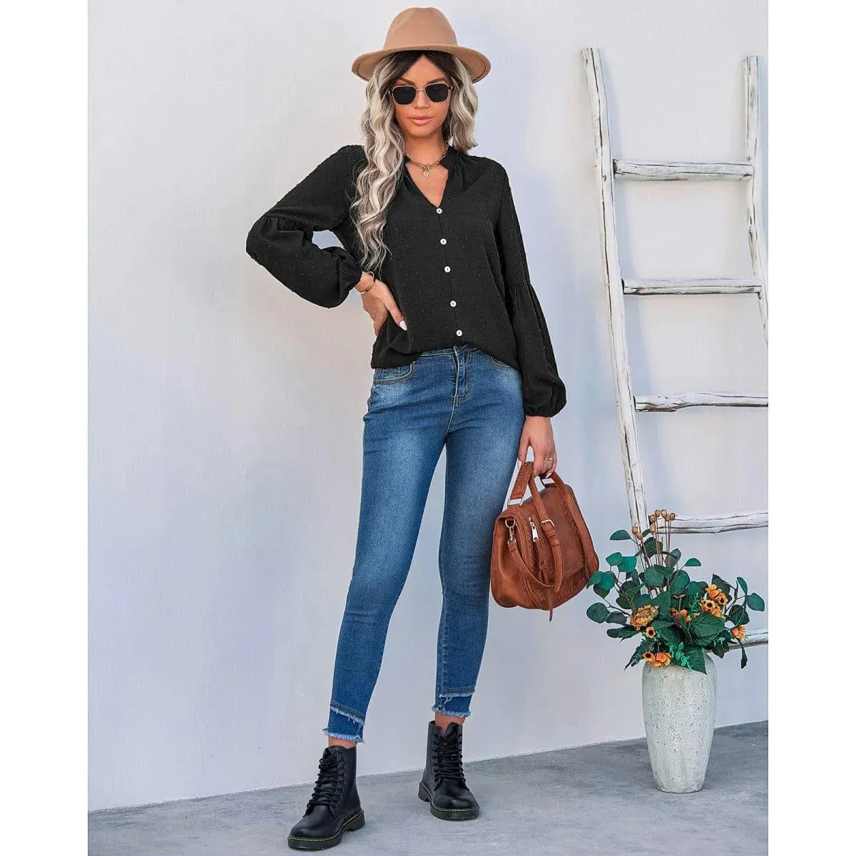Long Sleeve Swiss Dot Pullover Blouse