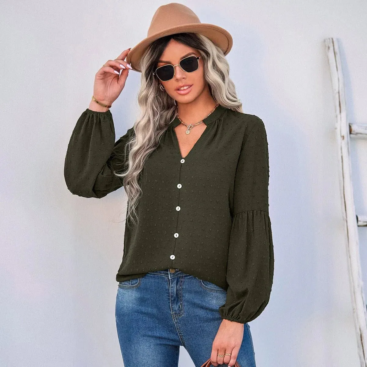 Long Sleeve Swiss Dot Pullover Blouse