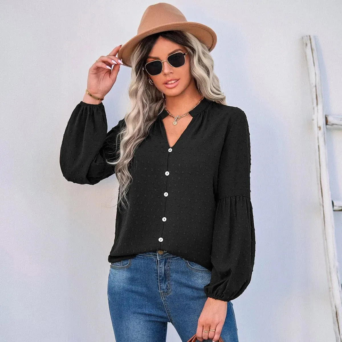 Long Sleeve Swiss Dot Pullover Blouse