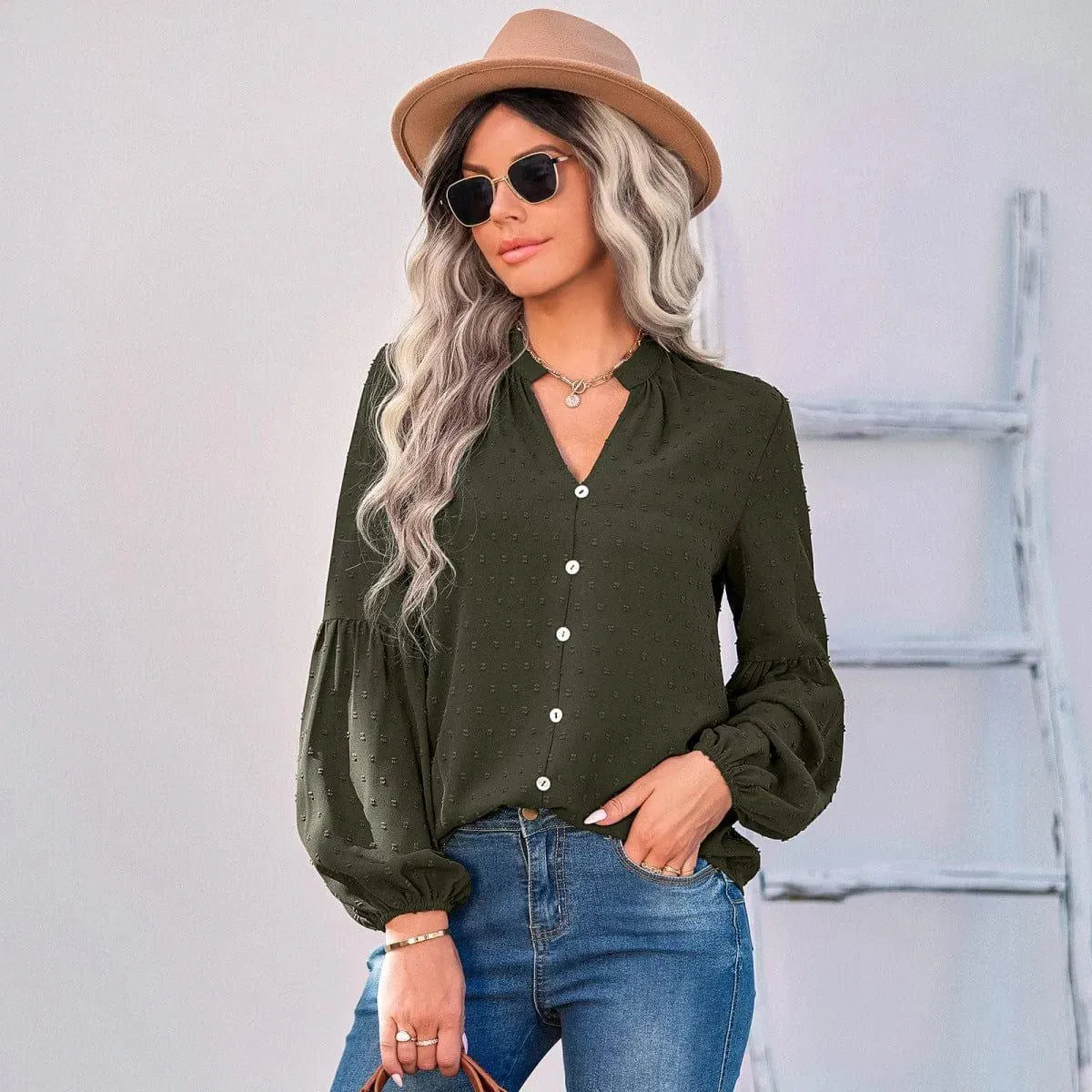 Long Sleeve Swiss Dot Pullover Blouse