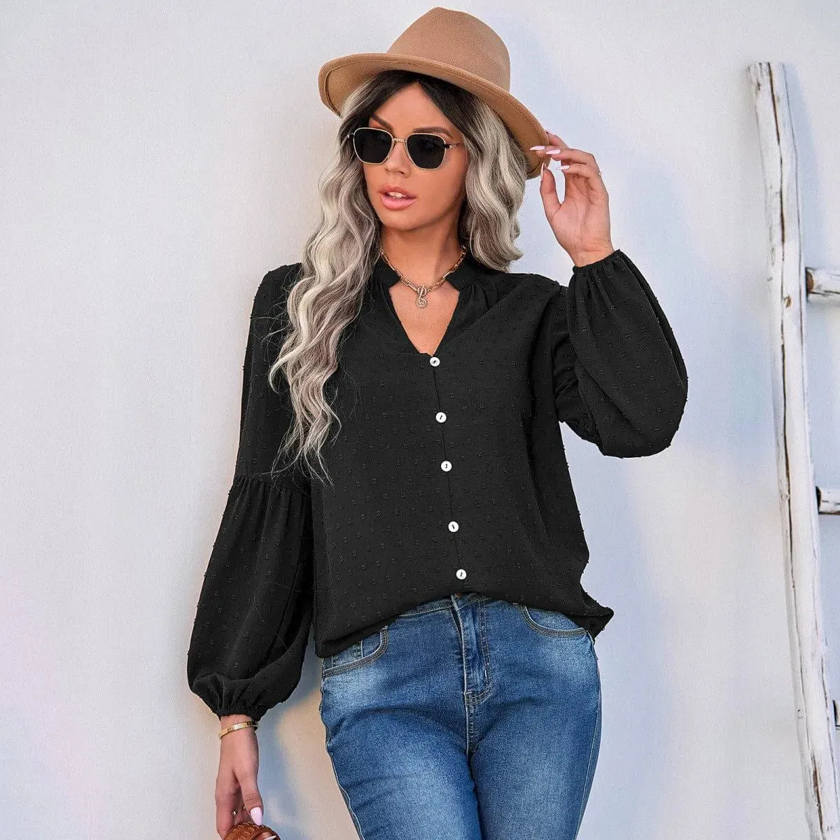 Long Sleeve Swiss Dot Pullover Blouse