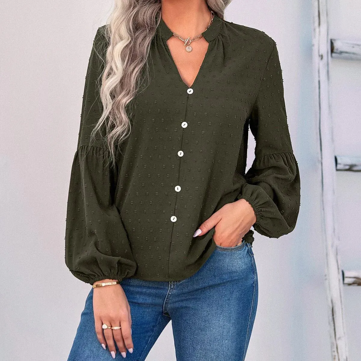 Long Sleeve Swiss Dot Pullover Blouse
