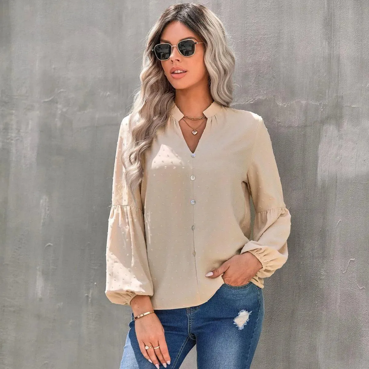 Long Sleeve Swiss Dot Pullover Blouse