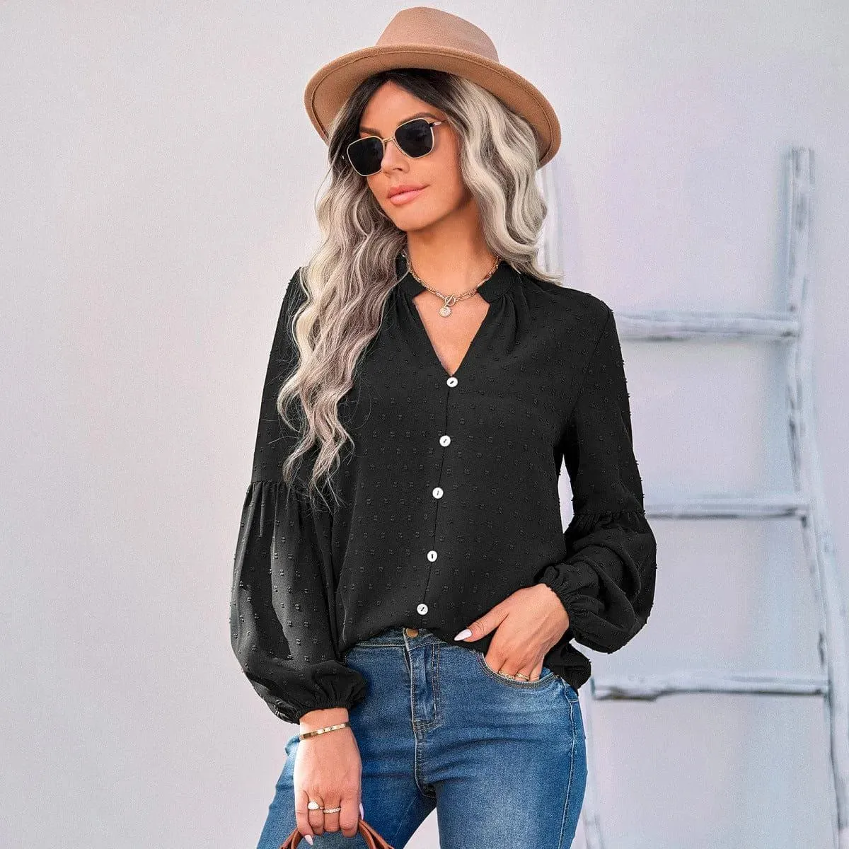 Long Sleeve Swiss Dot Pullover Blouse