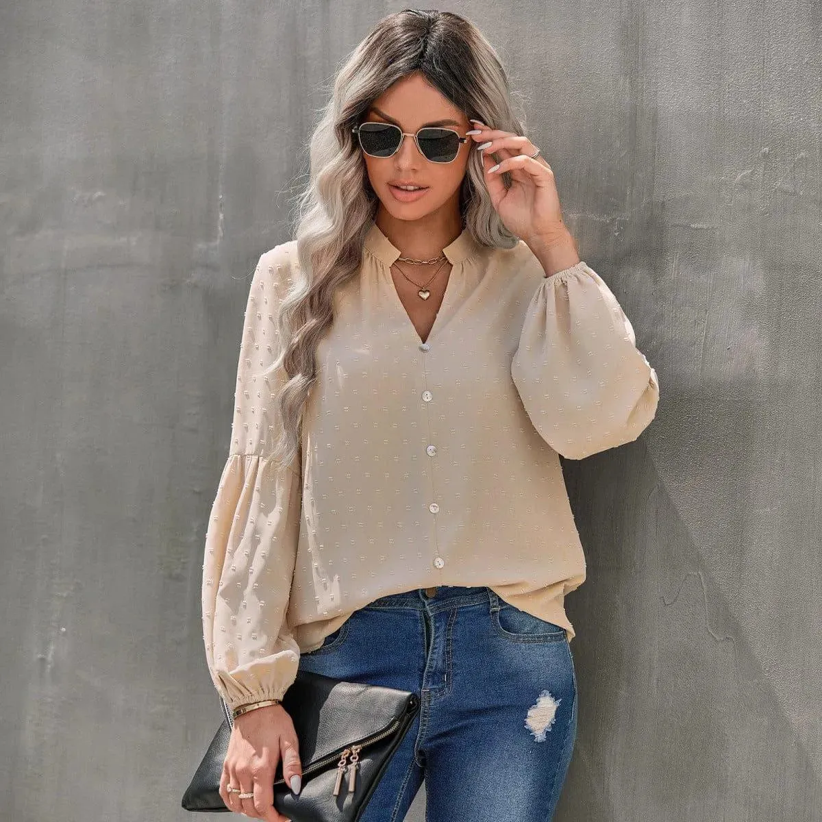 Long Sleeve Swiss Dot Pullover Blouse