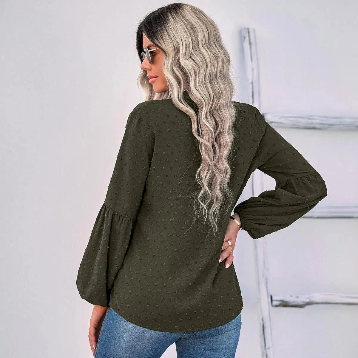 Long Sleeve Swiss Dot Pullover Blouse