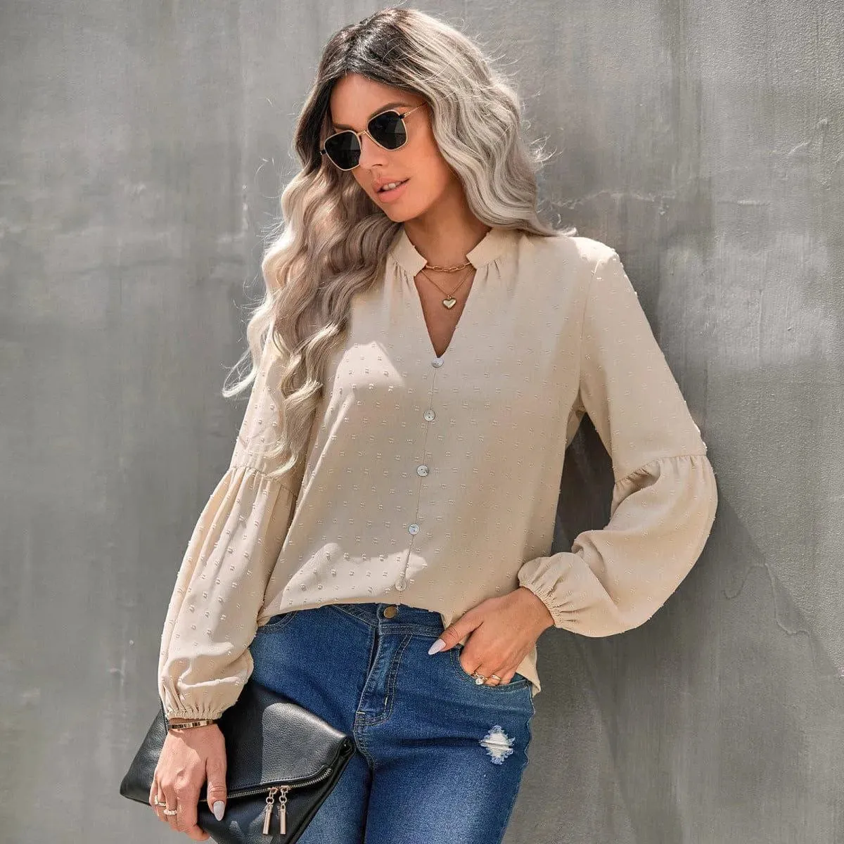 Long Sleeve Swiss Dot Pullover Blouse