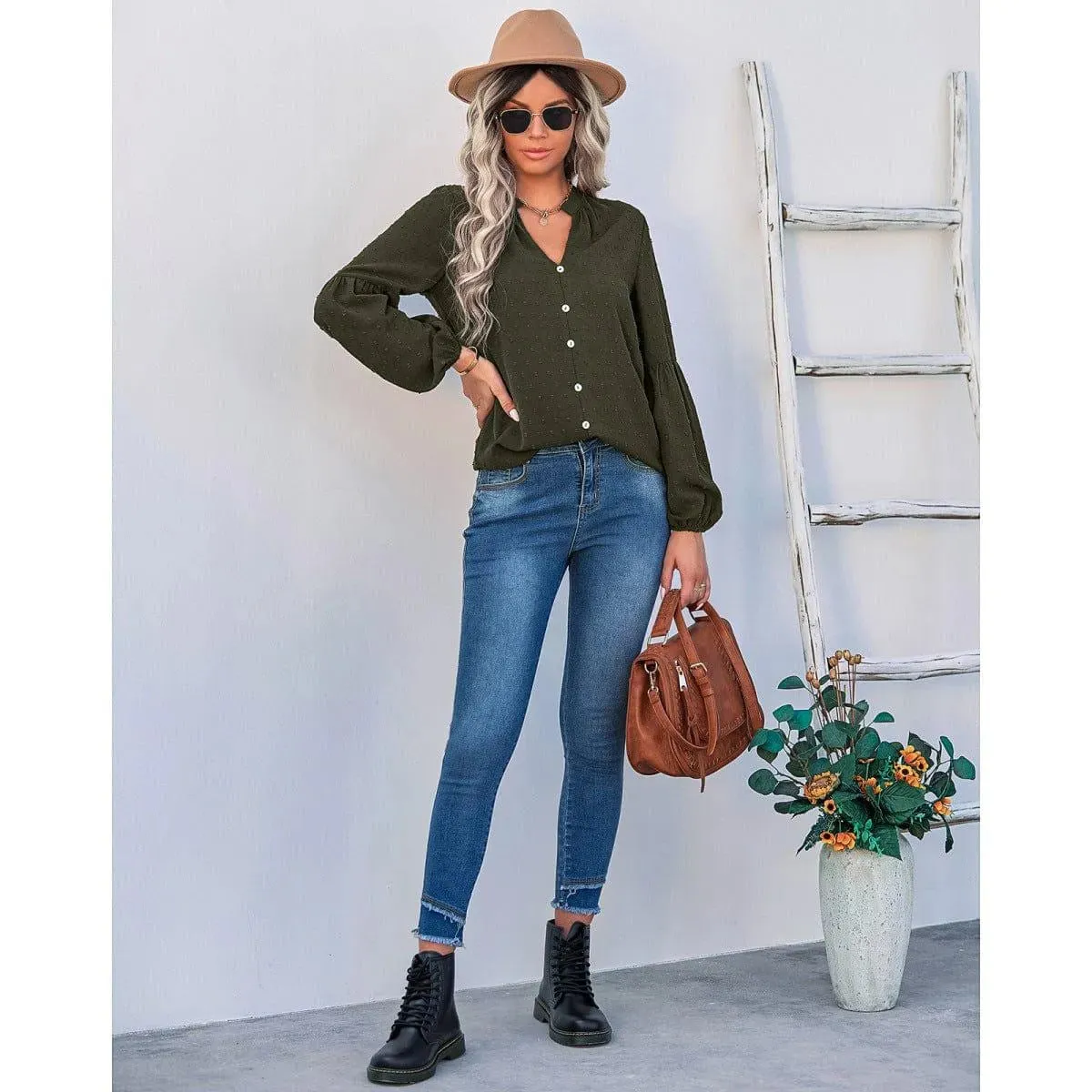 Long Sleeve Swiss Dot Pullover Blouse