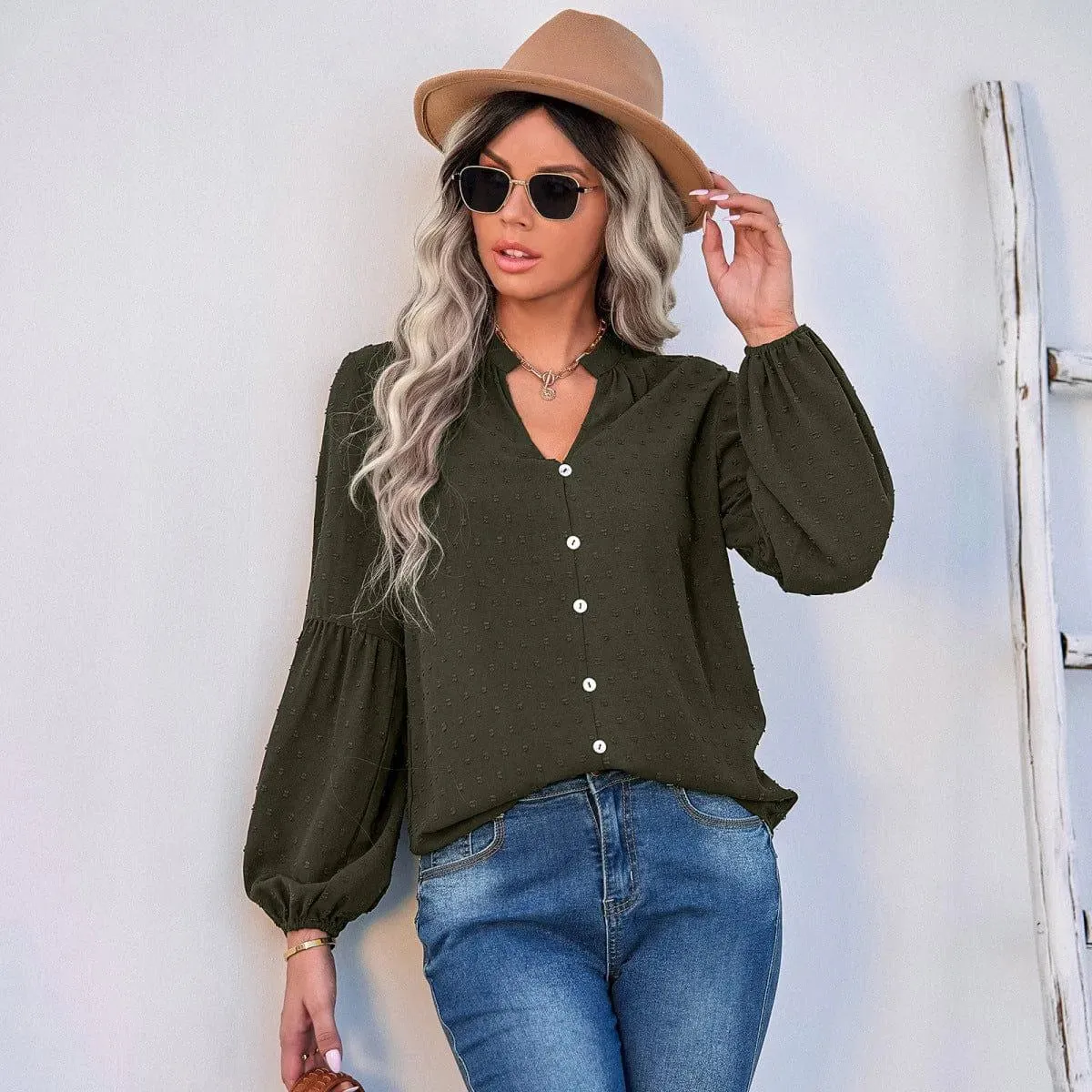 Long Sleeve Swiss Dot Pullover Blouse