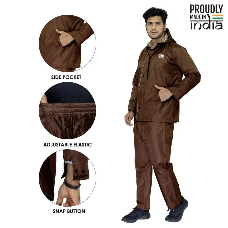Men Rain Coat - Waterproof, Reversible, Reflective Safety | Top & Bottom Set | XXX-Large | Prime Brown