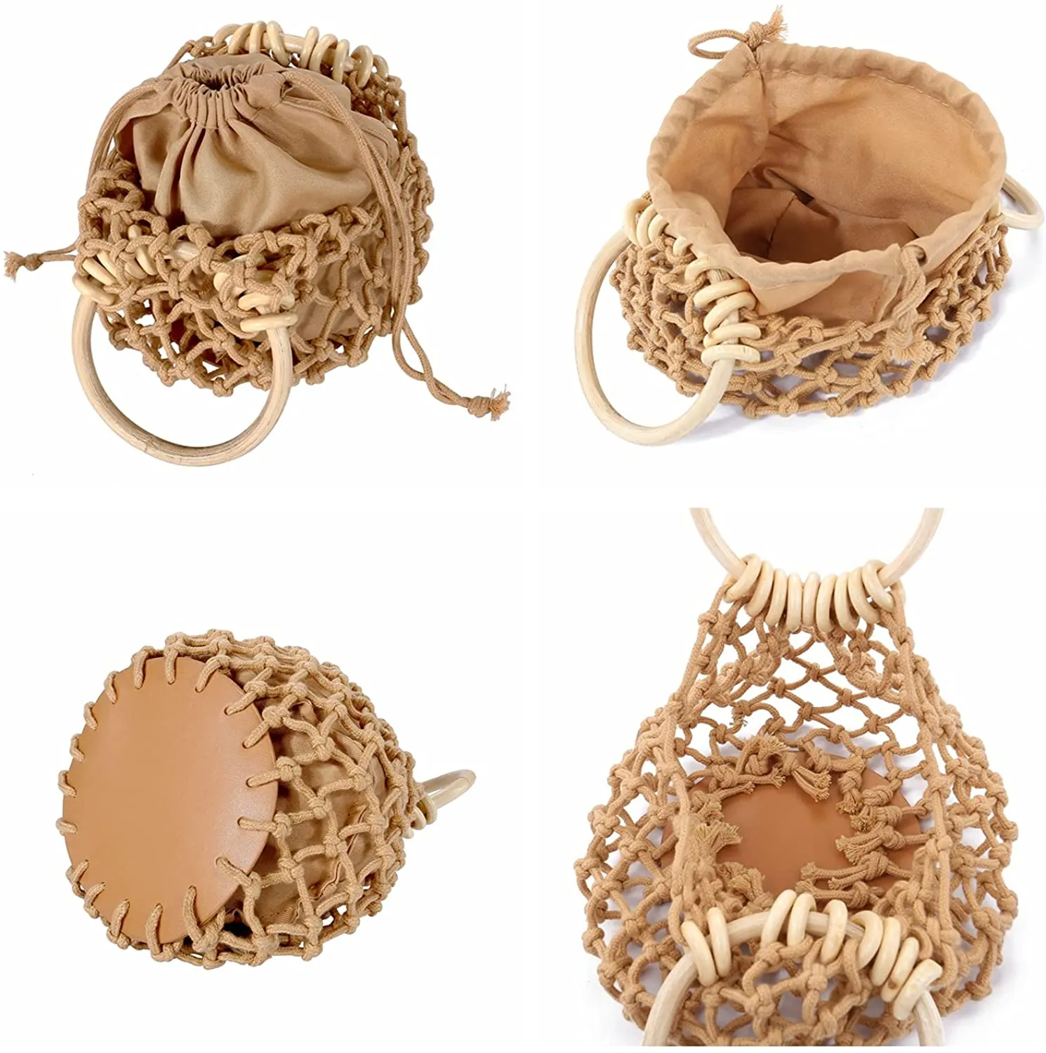 Mini Clutch Top Handle Bucket Drawstring Net Bag Pouch Handbag - Light Khaki