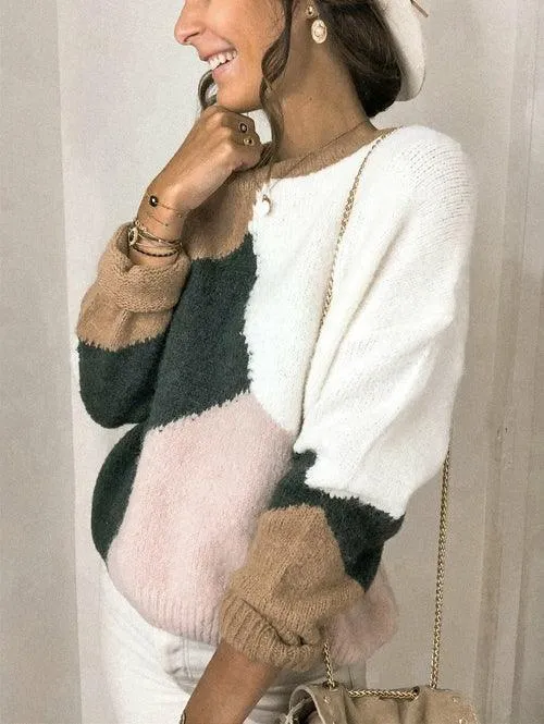 O-neck Patchwork Color Knitwear