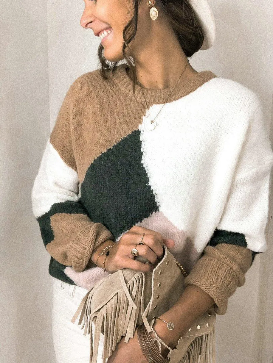 O-neck Patchwork Color Knitwear