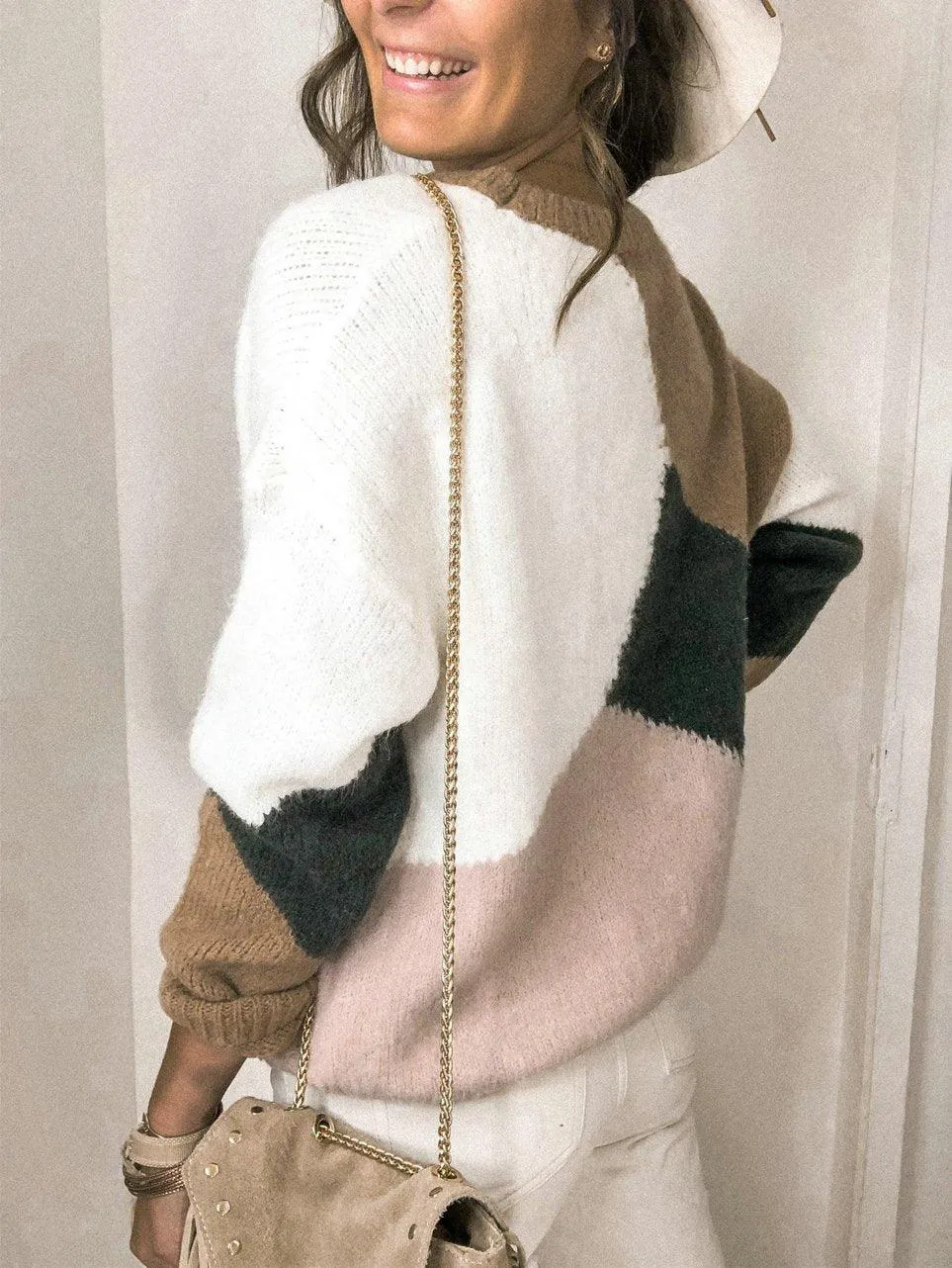 O-neck Patchwork Color Knitwear