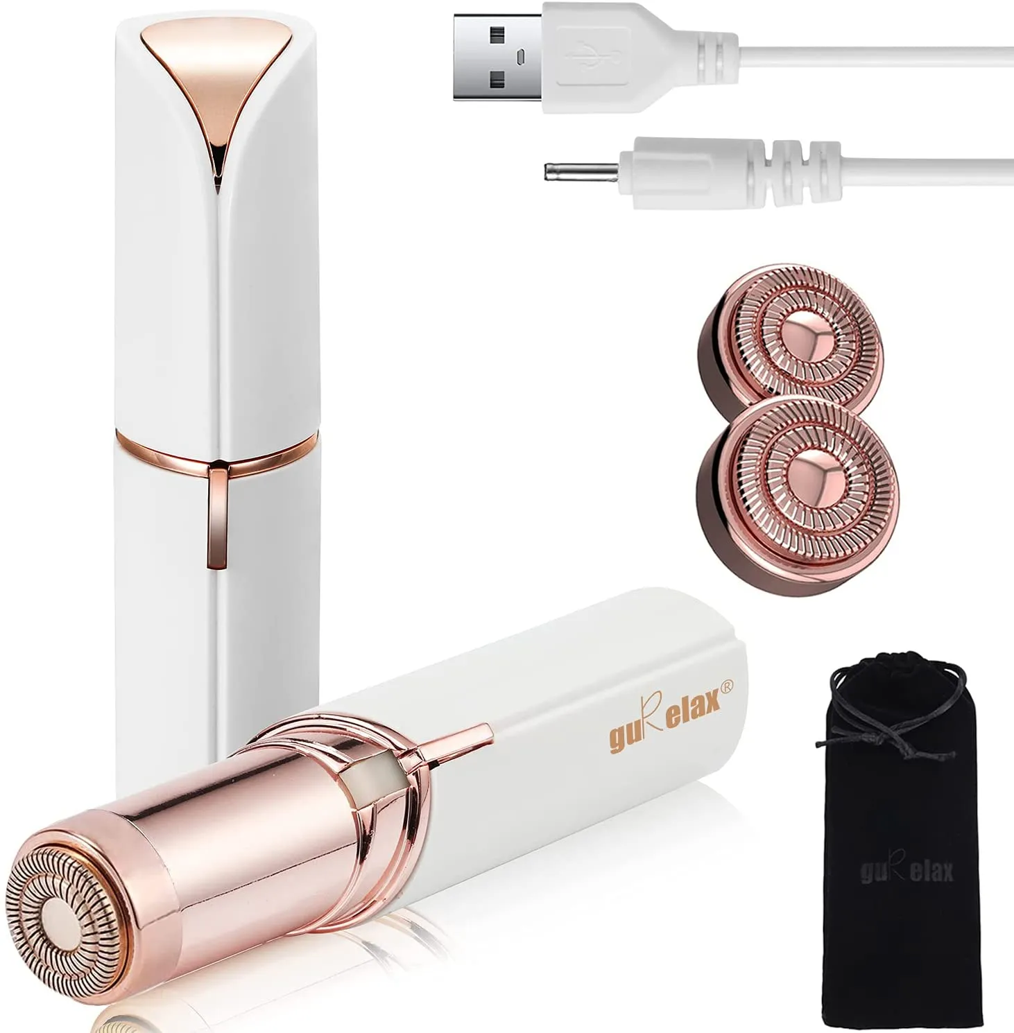 Painless Hair Removal for Women, Facial Hair Remover Devices Rechargeable, 2 x Replacement Heads Included, Best Womans Electric Face Shaver for Upper Lip, Chin, Mustache, with Flannel Bag by gurelax