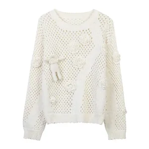 Patchwork Appliques Knitting Sweaters For Women Round Neck Long Sleeve Loose Solid Casual Hollow Out Sweater Female
