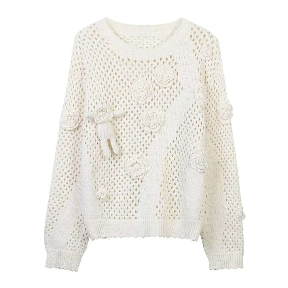Patchwork Appliques Knitting Sweaters For Women Round Neck Long Sleeve Loose Solid Casual Hollow Out Sweater Female