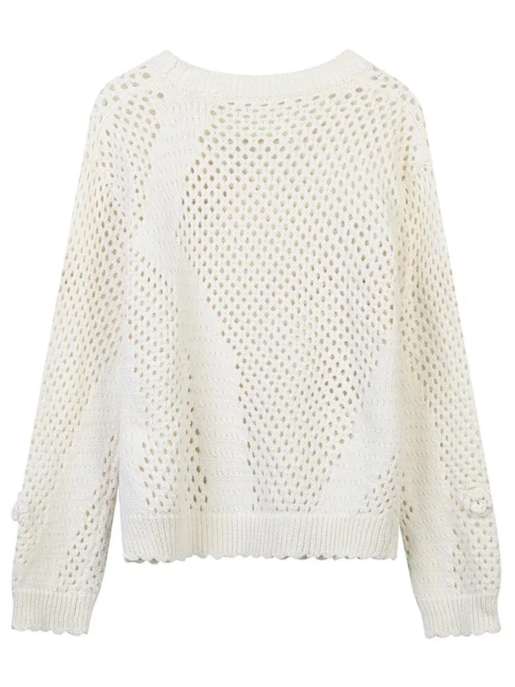 Patchwork Appliques Knitting Sweaters For Women Round Neck Long Sleeve Loose Solid Casual Hollow Out Sweater Female
